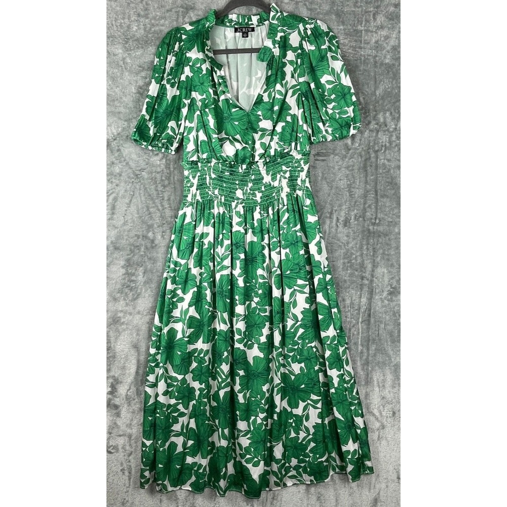 J‎ Crew Dress Sz XS Green Smocked Waist Short Sleeve Greenhouse Floral Print